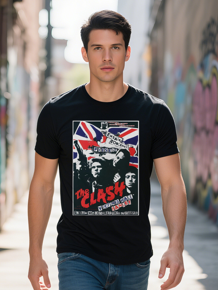 Black The Clash Graphic T-Shirt Men's Casual Union Jack Round Neck Summer Tee Regular Fit Music Band Fan Gift Quality