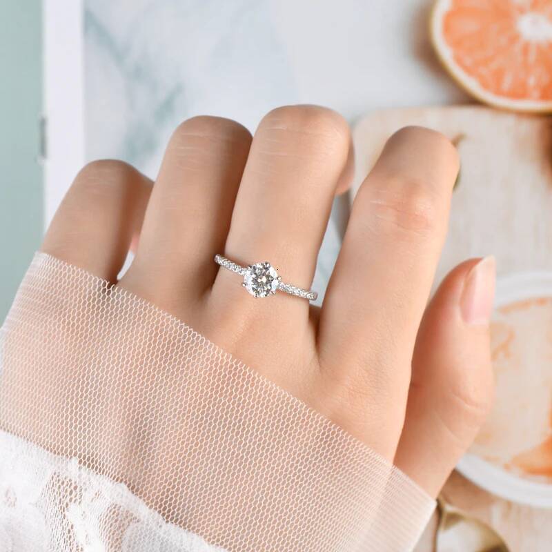 Anziw 100% 925 Silver 1CT 6.5mm Round Moissanite Wedding Rings Engagement Promise Finger Ring GRA Certified Jewelry For Women