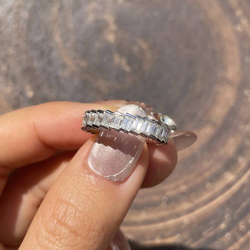 BXINY 2*3mm Emerald Cut All Moissanite Ring 925 Sterling Silver for Women D Color Diamond Eternity Wedding Band Fine Jewelry GRA