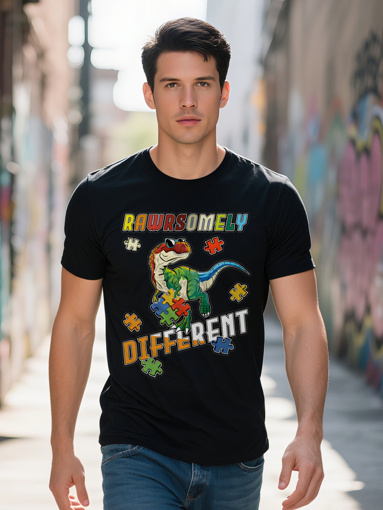 Men s Casual Graphic T-Shirt with Dinosaur Puzzle Block Print Black Round Neck Short Sleeve Tee Breathable Summer