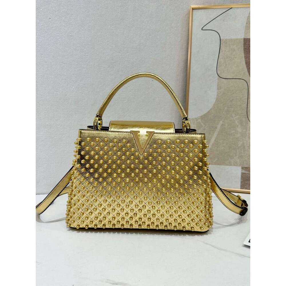 Designer Full Pearl Inlay PU Leather Handbag Women S Fashionable V Letter Single Shoulder Portable Messenger Bag