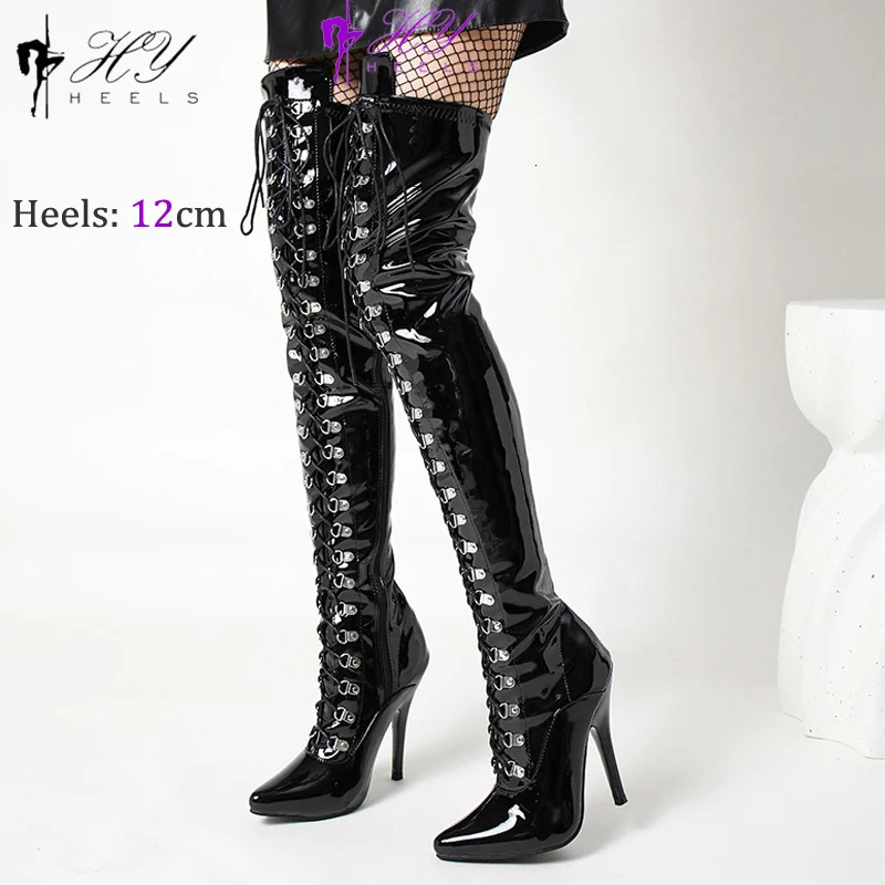 Sexy Black Over-The-Knee 12Cm/5Inchs Thigh High Boots Shiny Leather Long Stripper Women Boots High Heels Shoes Female 250812