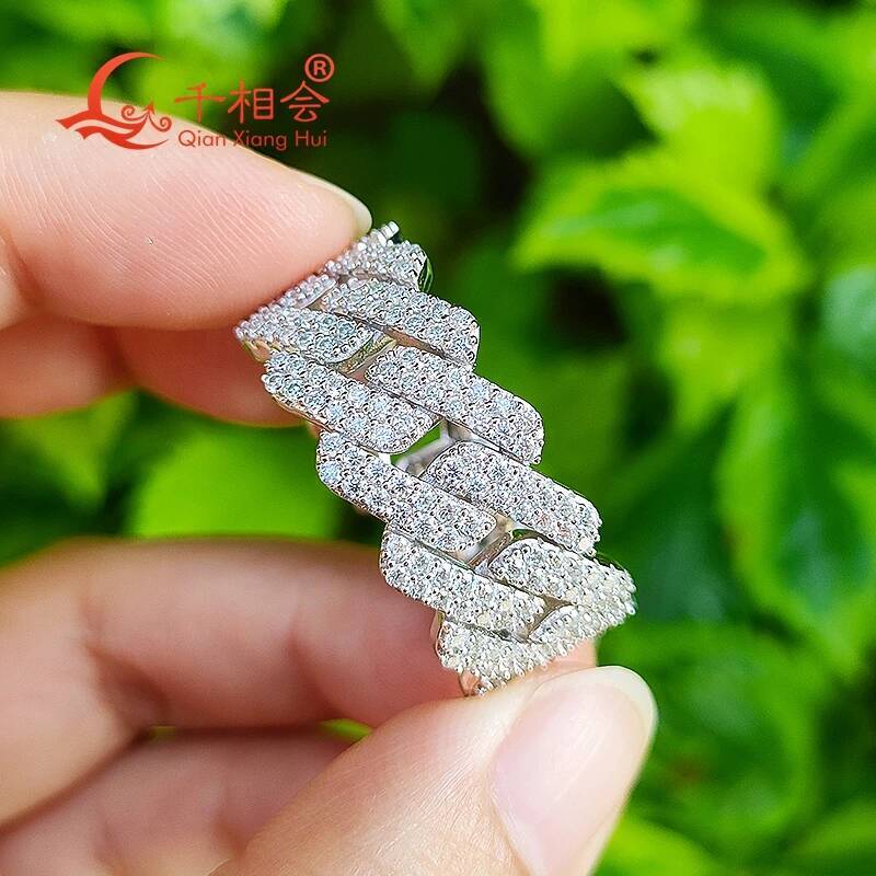 Sterling 925 Silver Hip Hop D VVS Moissanite Ring 11.8mm Two Rows round Diamonds Engagement Wedding Jewelry for Men And Women