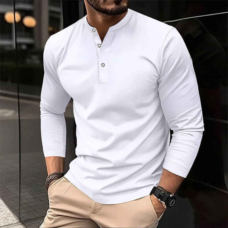 2025 Mens Summer Long Sleeve Henry Polo Casual Breathable Comfortable Polo Shirt Solid High Quality Male T-Shirt Drop 250813