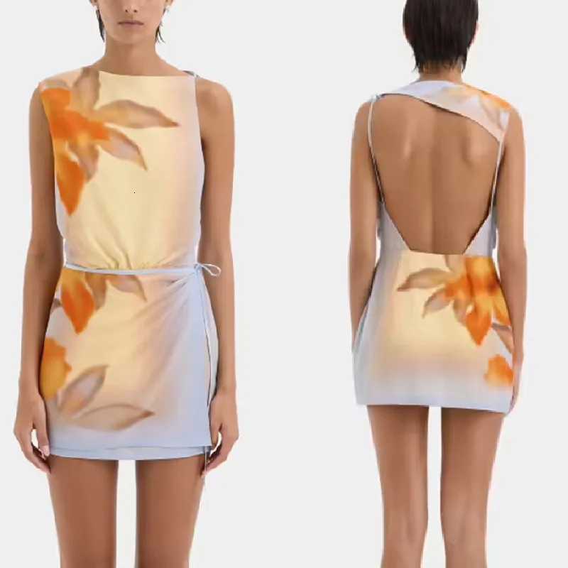 Summer Printed Bag Hip Mini Skirt Dress For Women Round Neck Sleeveless Golden Lace-up Party Club Short Dresses Y2K Clothing XJ250814