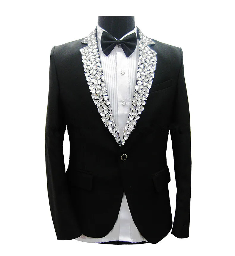 Black Mens Jacket Sparkly Rhinestones Blazers Formal Groom Wedding Prom Party Male Singer Host Stage Performance Costume 250811