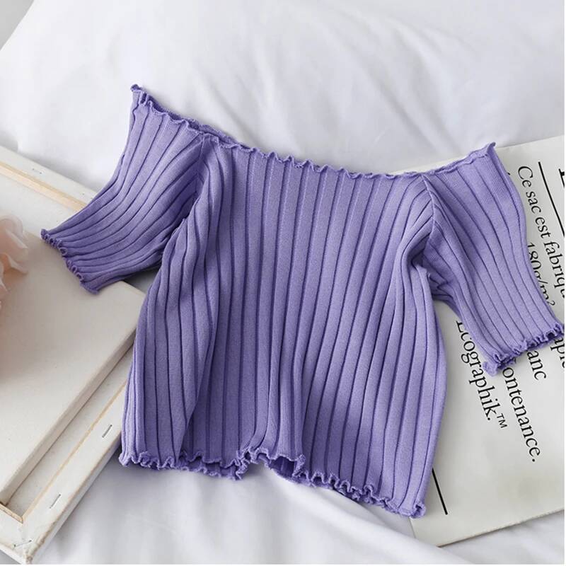 2025 fashion Women's Knitted Ruffle Hem Top Cute Umbilical Top Off Shoulder T-shirt Summer Women's Short Sleeve T-shirt Designer Top