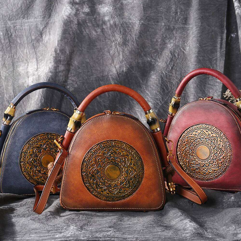 City Bag MOTAORA Handmade Emed Women Crossbody 2025 New Retro Genuine Leather Shell Bag Ladies Chinese Style Shoulder Bags
