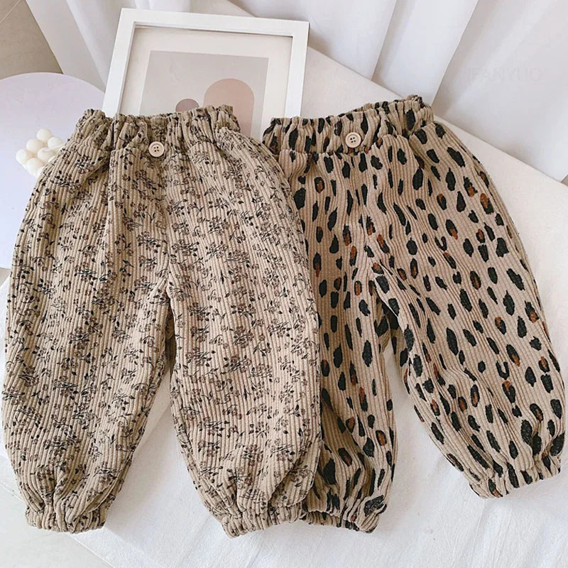 Spring Autumn Girls Korean Corduroy Floral Pants Thicken Fleece Warm Children Trousers Fashion Leopard Print Boys Pants Outwear 250813