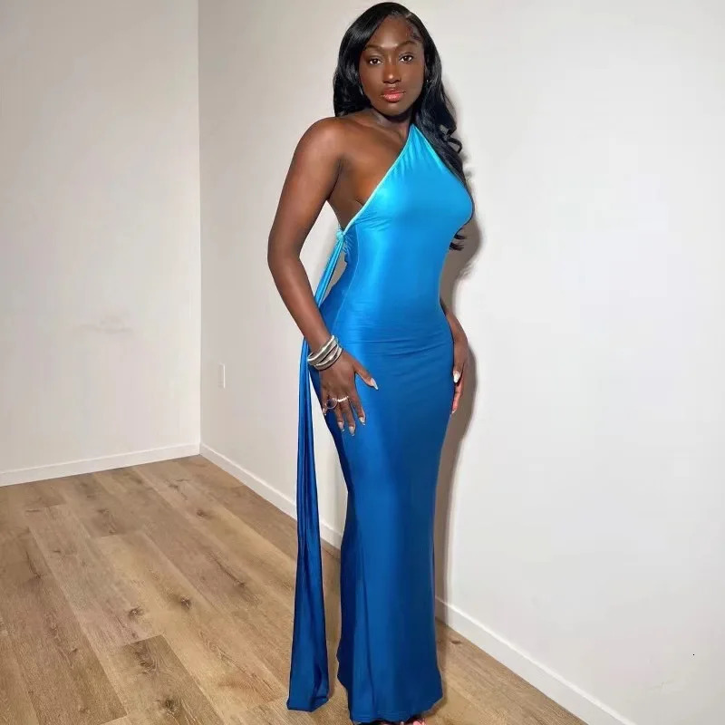 Hanging Neck Ribbon Dress Blue Silk Satin Robes Fashion Slim Fit Casual Irregular Vacation One Shoulder Woman Long Dresses 250813