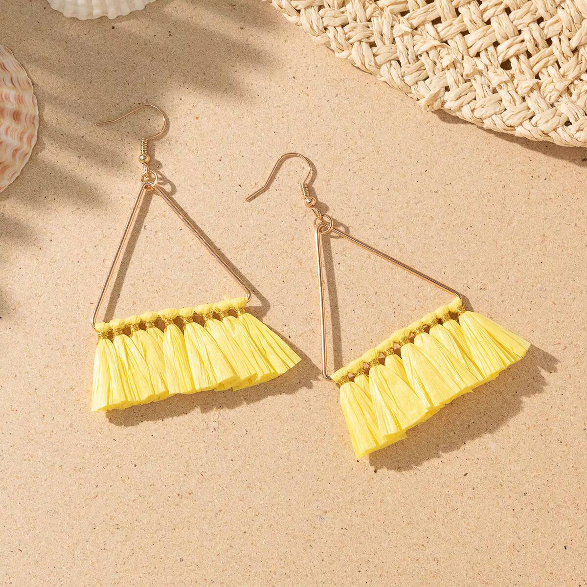 Raffia Woven Geometric Tassel Niche Exaggerated Earrings for Women Uionen 1059
