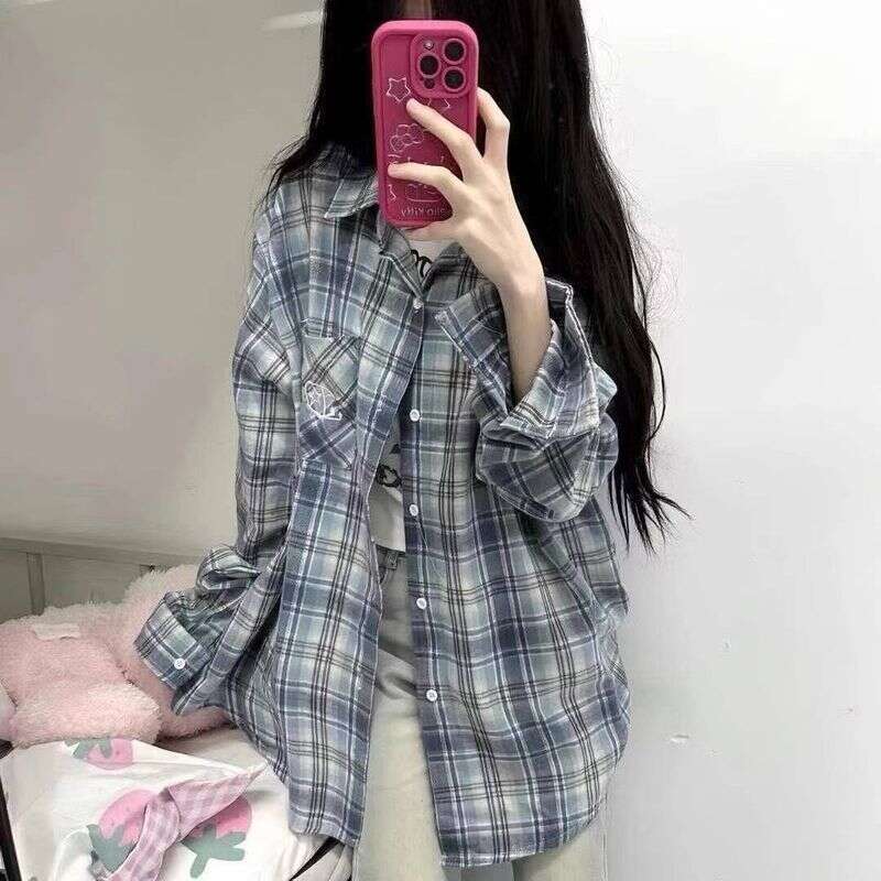 Vintage letter print plaid women's design sense small large size sun protection long-sleeved couple shirt coat