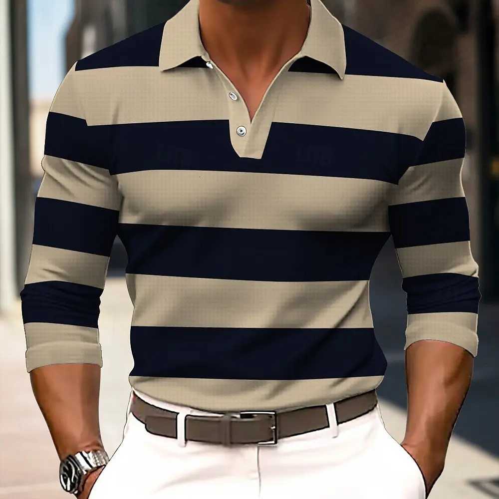 Mens Striped Rugby Long Sleeve Polo Shirt Lapel Shirt Sports Casual Outdoor Office Daily Wear Button Spring Autumn Winter XJ250804