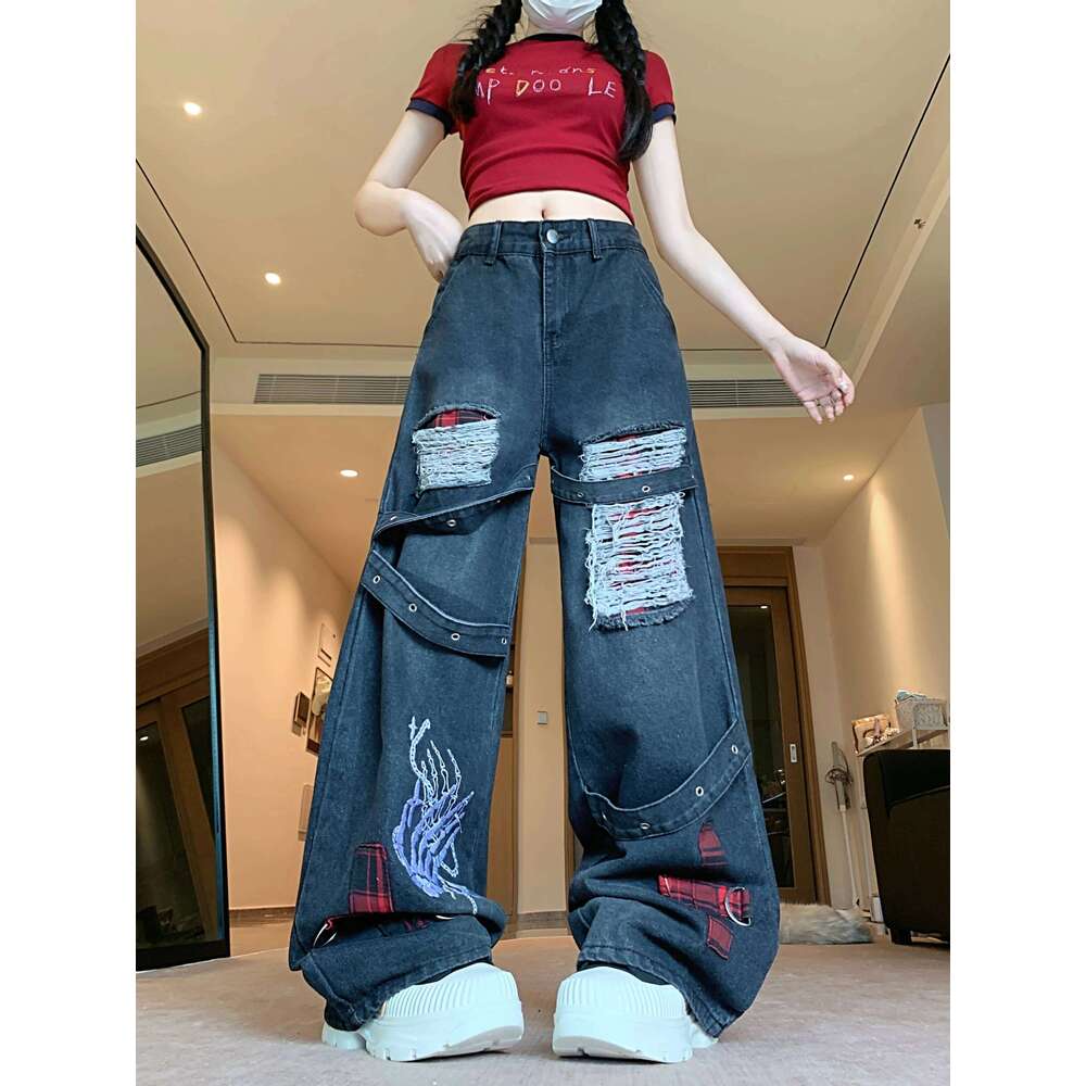 Women's Black Gothic Baggy Y2K Japanese Haruku Street High Waist Fashion Loose Wide Leg Retro Jeans Clothing 2025