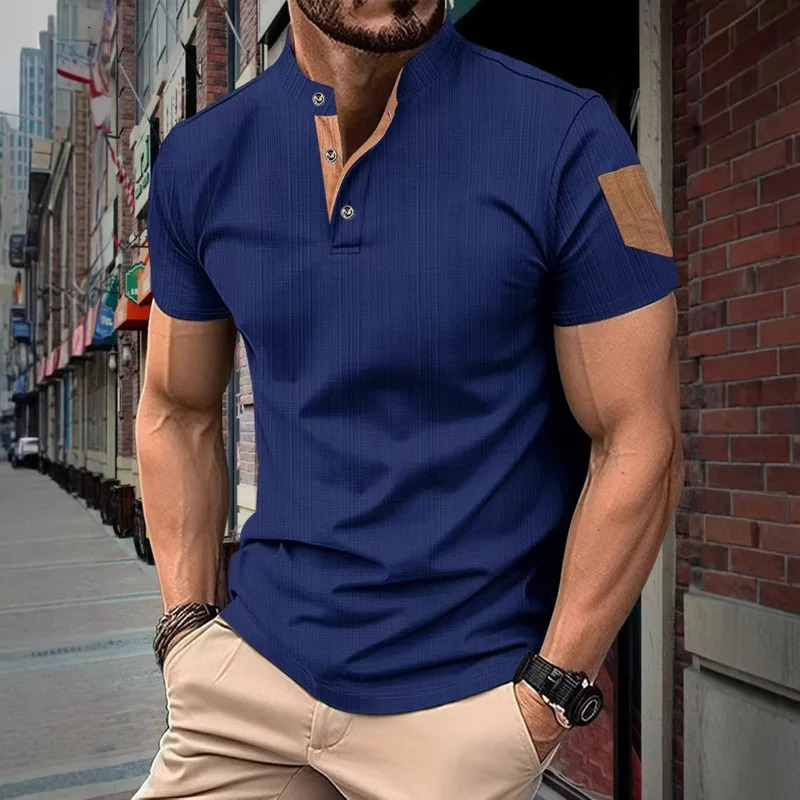 Mens summer fashion short sleeved T-shirt mens business casual Henley shirt breathable solid color stand up collar top 250813