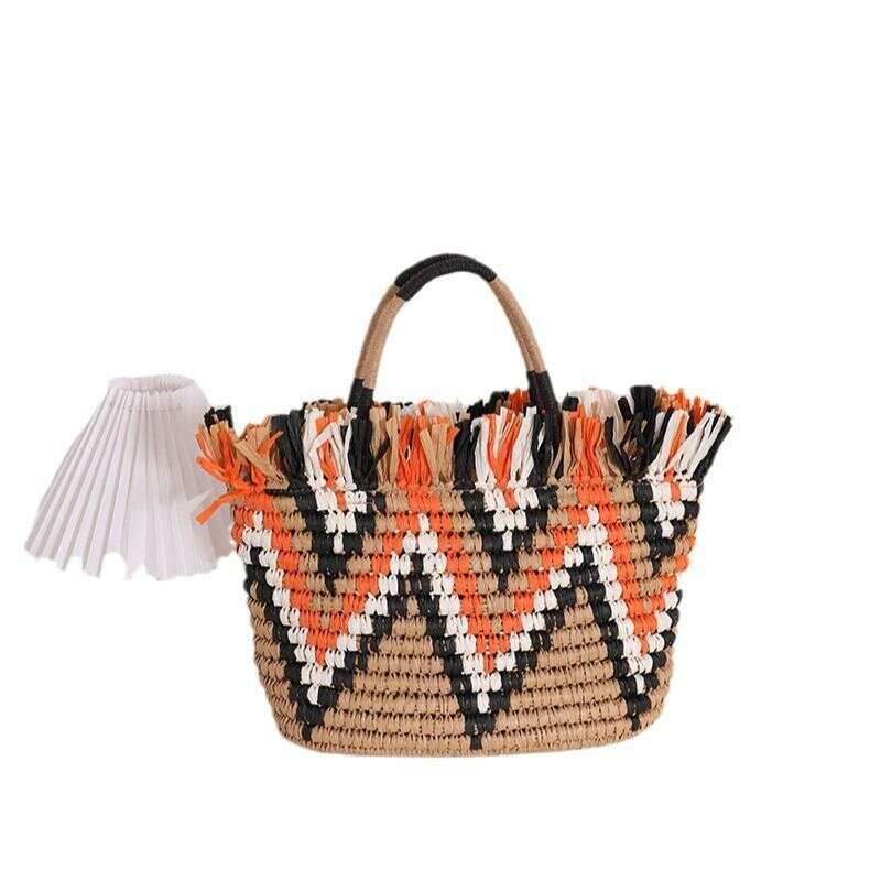 Retro Straw Loose Edge Hand Held Colorblock Woven Seaside Holiday Beach Women's Bag