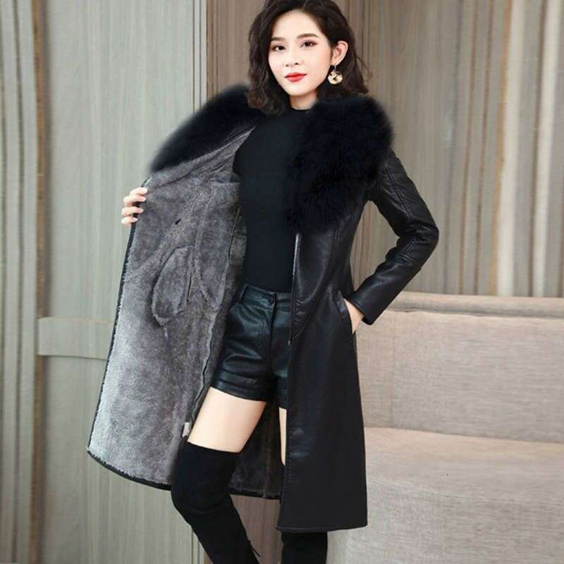 Big Fur Collar PU leather Jacket Autumn Winter Velvet Thicken Soft Faux PU leather Coat Women Korean Long Overcoat