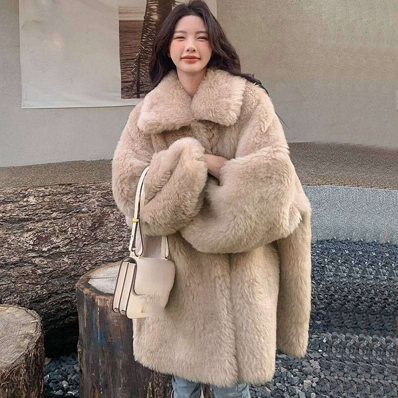 Women's Clothing Autumn Winter Wool Fur Coat Fashion Loose Casual Thickened Medium And Long Large Lapel