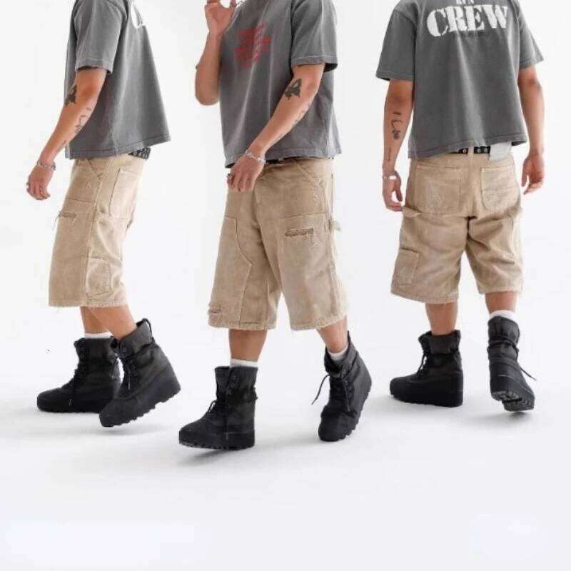 Deeptown Y2k Vintage Washed Women Short Cargo Jeans Haruku Hole American Style Wide Leg Man Jorts Baggy Hip Hop Streetwear