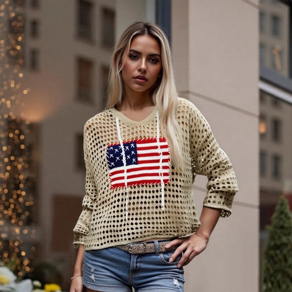 Puloru Hollow Out Knit Crochet Pullover Tops American Flag Long Sleeve Scoop Neck Sweater Womens Loose Knitwear Cover-up Smocks 250808