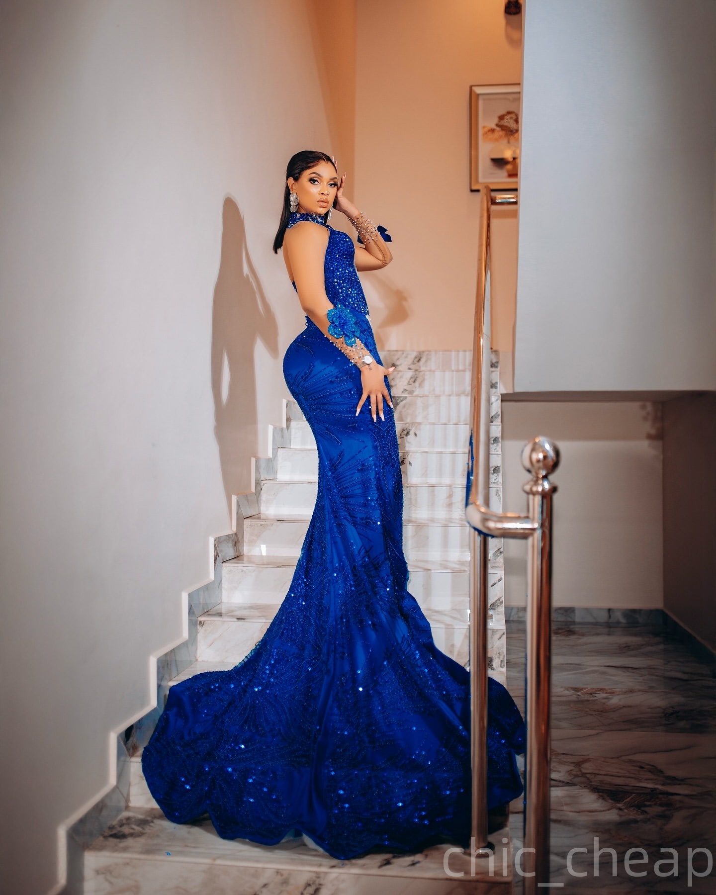 Royal Blue Mermaid Prom Dresses 2025 Flowers Crystals Sequined Evening Formal Party Second Birthday Engagement Gowns Plus Size Dress For Special Occas