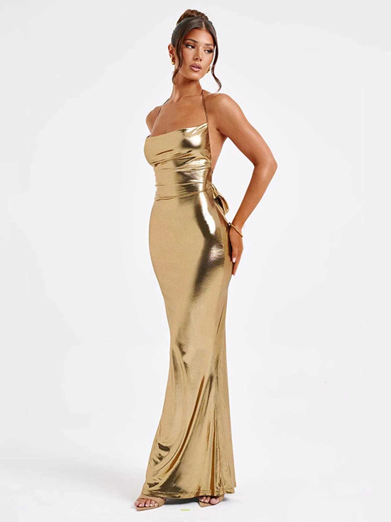 New Women Summer Dresses Strap Clubwear Sexy Backless Halter Bandage Long Dress Slim Solid Off Shoulder Womens Clothing Streetwear XJ250814