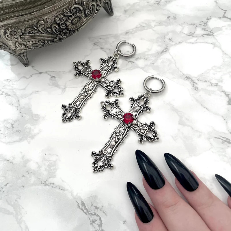 Gothic Large Silver Colour Tone Jewel Cross Earrings with Black Punk Hallowmas Jewellery Gorgeous Wedding Statement Women 250812