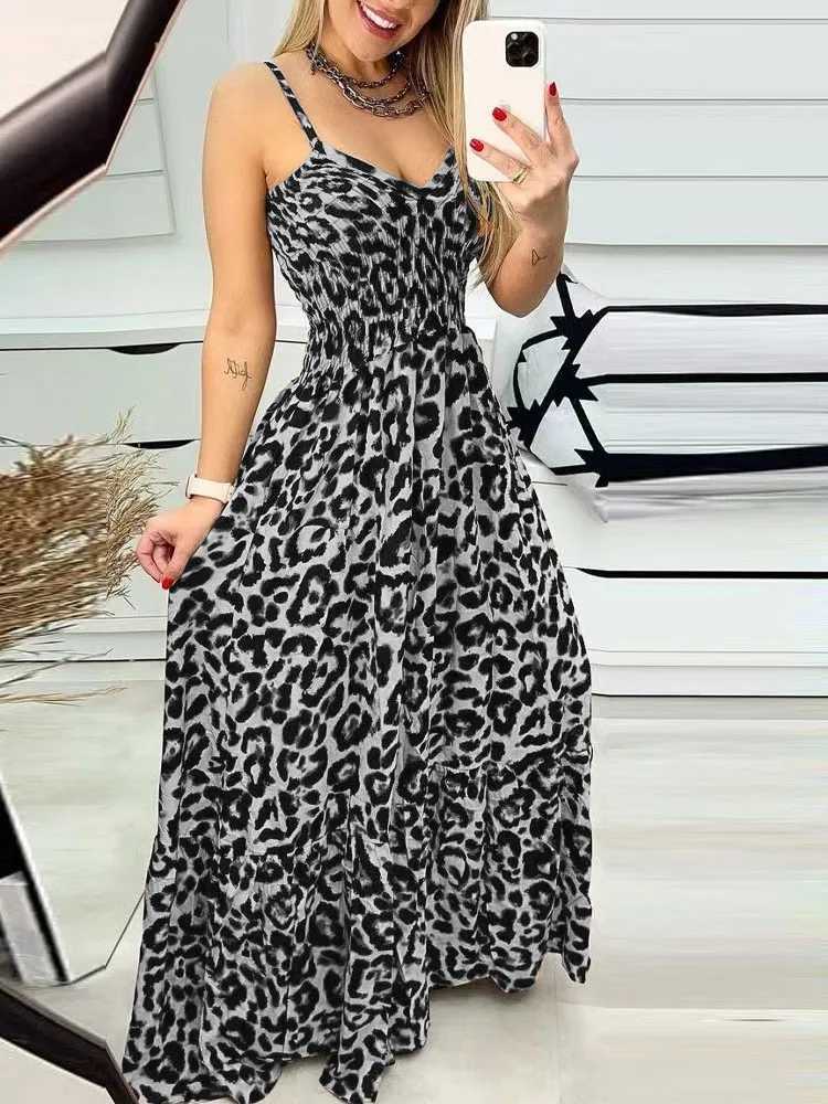 2025 Summer Sexy V-neck Paghetti Strap Long Dress Leopard Print Womens Fashion Ele Fe New Party Dress XJ250814