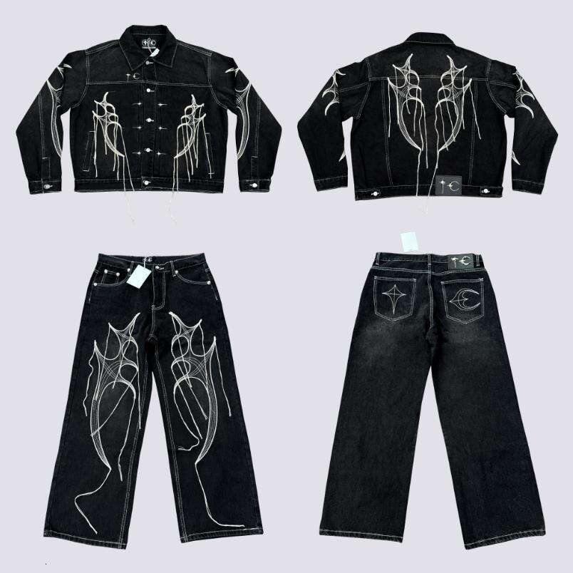 24FW Thug Club Tribal Tree Beard Line Embroidery Korean Vibe Style Loose Jeans Jacket for Men