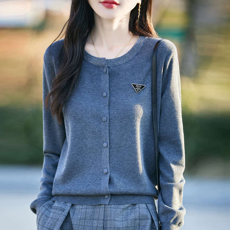 Spring New Round Neck Dia-set Women's Knitted Solid Color Cardigan Jacket Korean Loose Long-sleeved Sweater