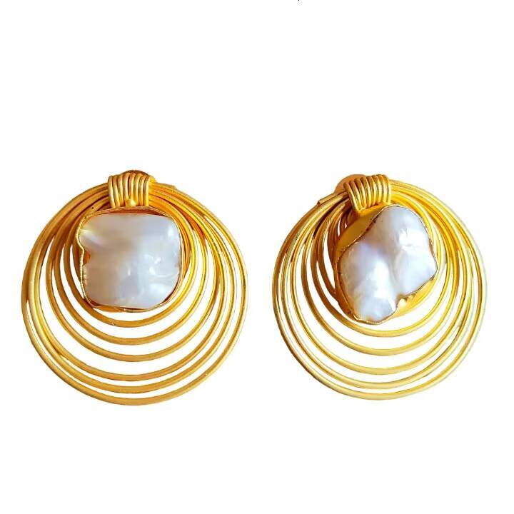 High-Quality Irregular Gold-Plated Large Baroque Pearl Line Wrapped Geometric for Women Exaggerated Statement Earrings