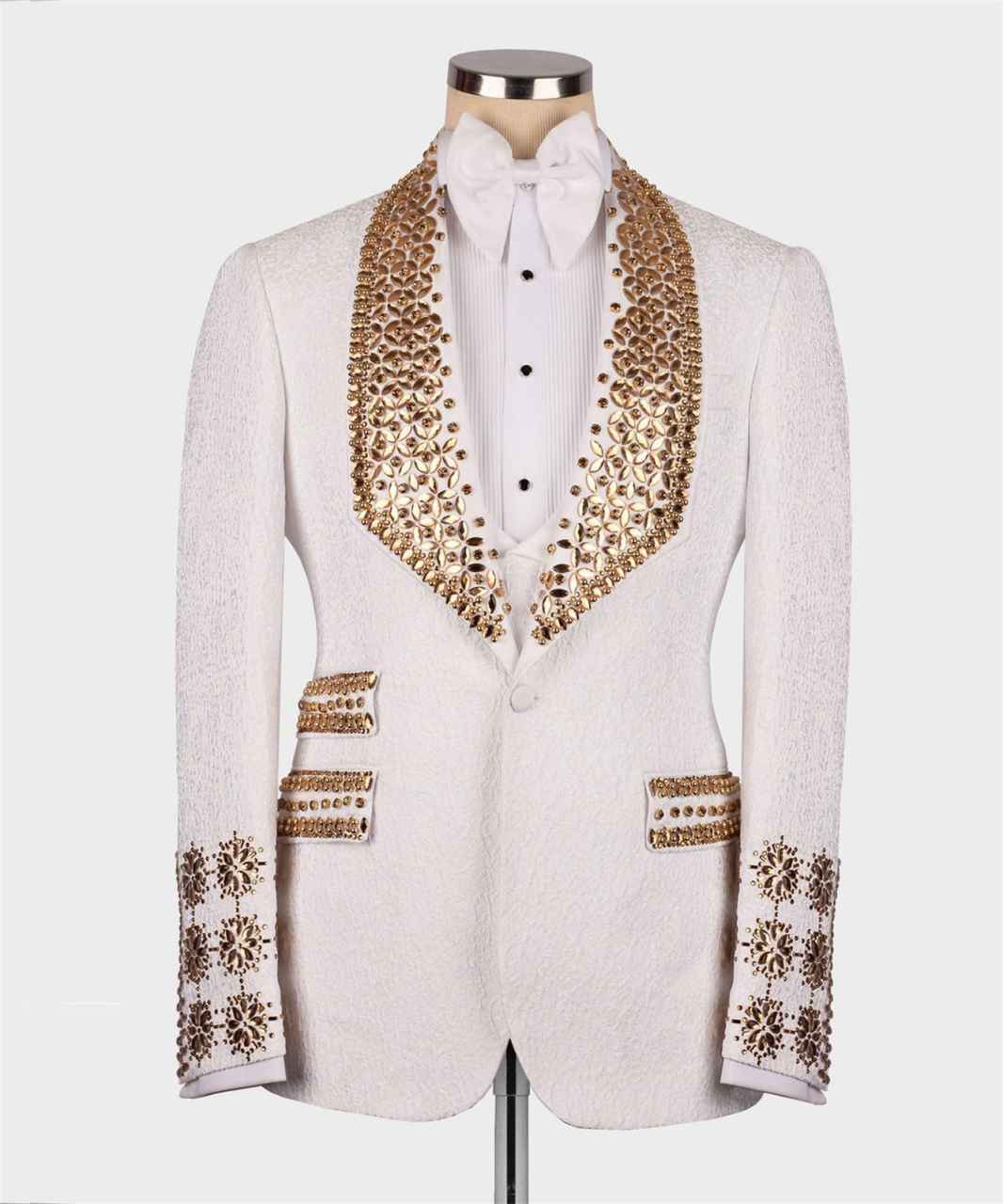 Gold Gem Stone Crytals Men Suits Shawl Lapel Groom Wedding Tuxedo 3 Pieces Sets Dinner Party Blazers Customized Costume Homme