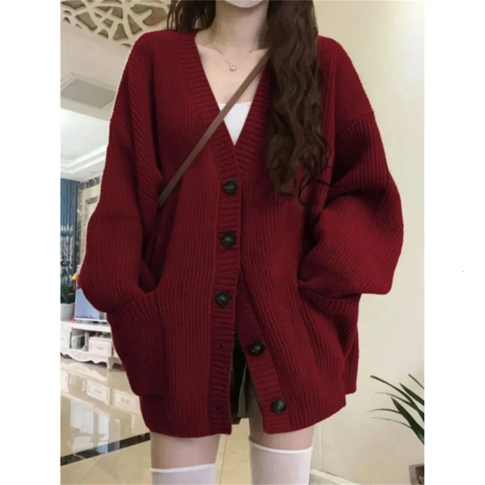 Lazy Style Knitted Cardigan Jacket Female Burgundy Sweater Students Autumn Winter Loose Oversized Year Trendy Coat Tops Gift 250812