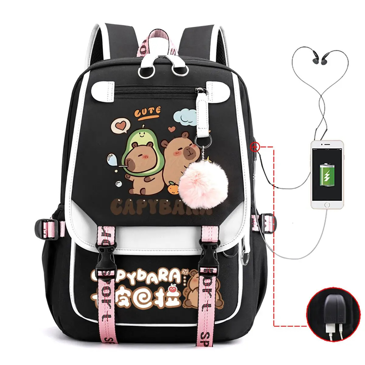 Capybara Backpack For Women Girls Large Capacity USB Charging Bags Children Teeneger School Backpack Cute Capybara Schoolbags 250813