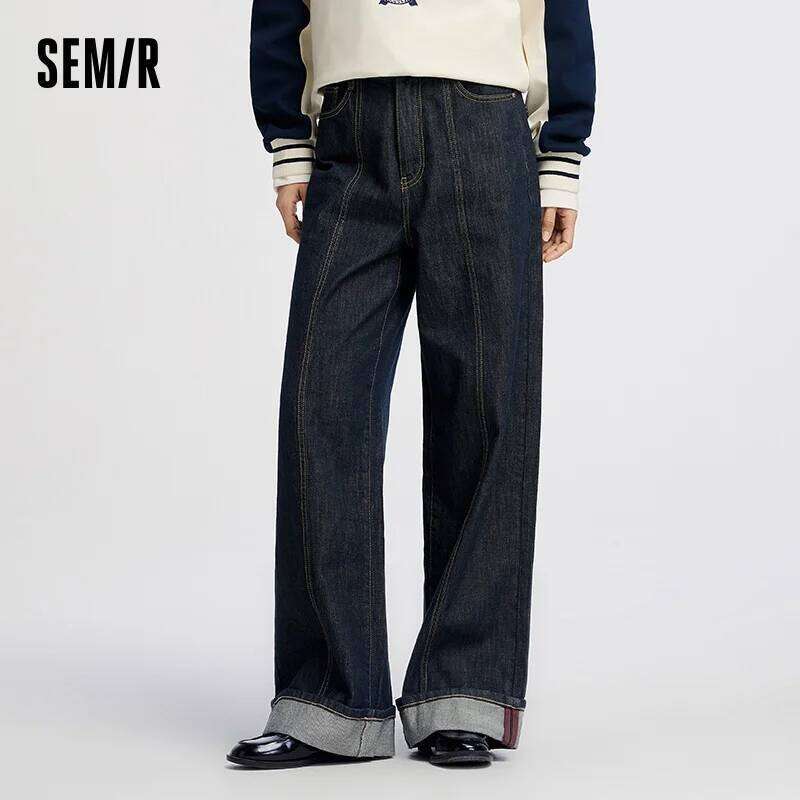 Semir Jeans Women Rolled Hem Long Pants 2025 Autumn New Loose Wide Leg Trousers