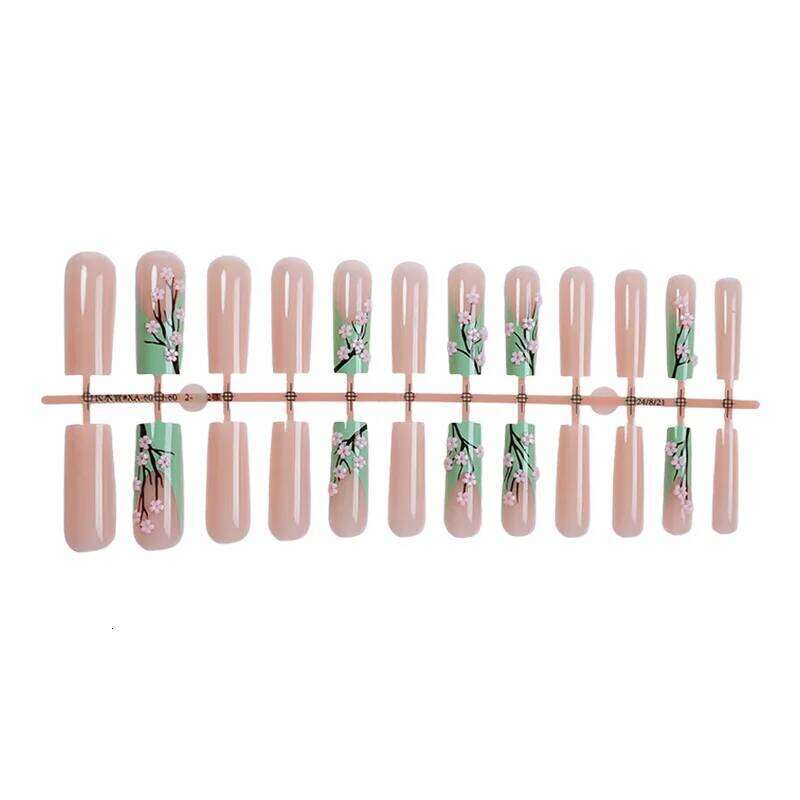 24pcs Long Ballerina Fake 3d Flowers Decor Green French Press on Full Cover Wearable European Spice Girl False Nails X250814