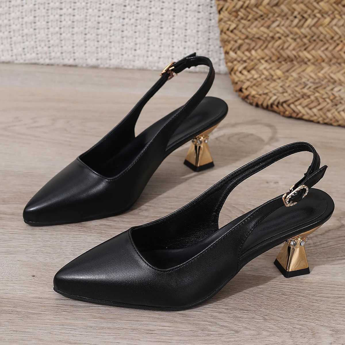 2025 Summer Womens Pu Leather High Heels Pumps Ankle Buckle Thick Heeled Sandals with Crystal Decor Pointed Toe Party Shoes W250814