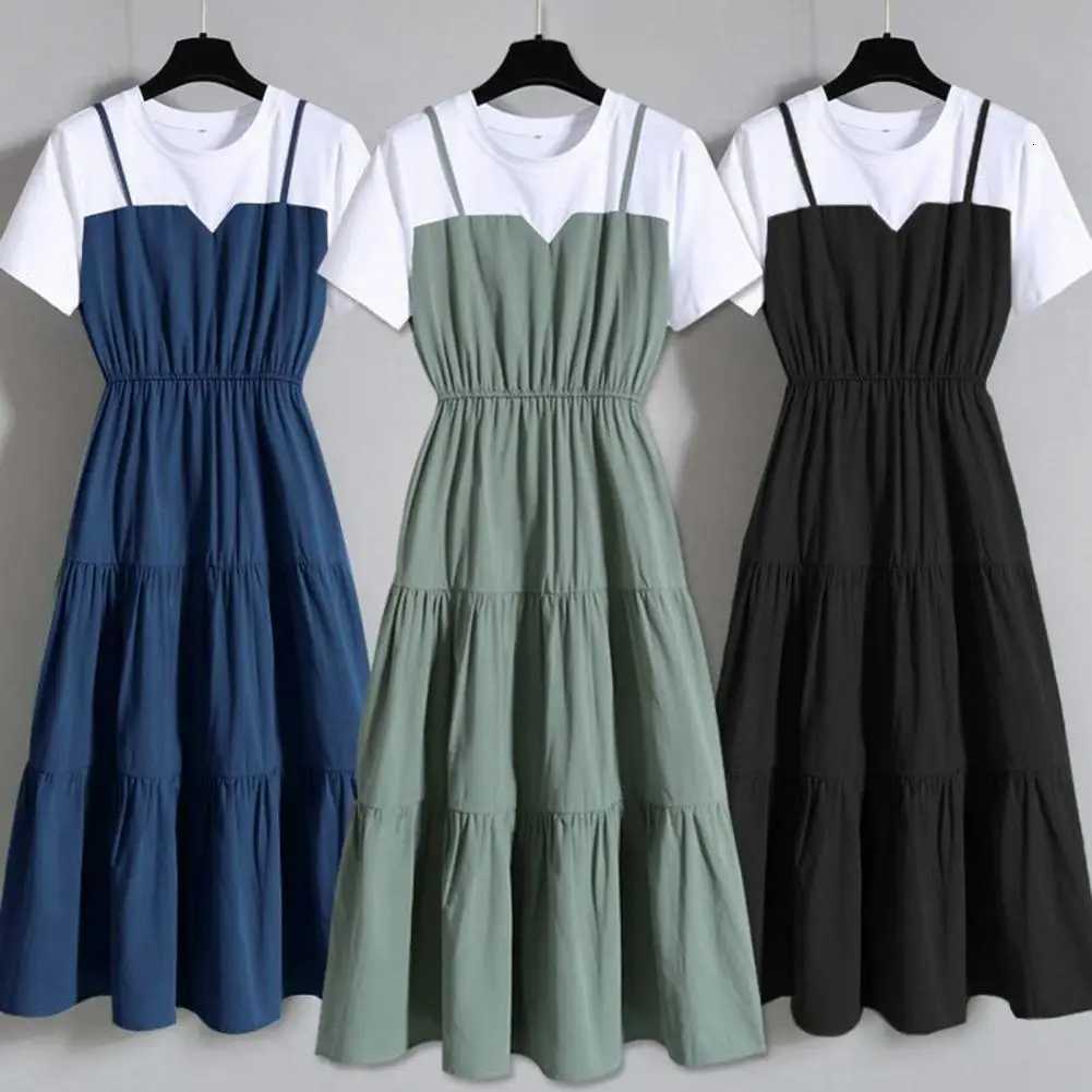 2 Pieces Women Dress Color Block Short Sleeve Waist Tight Long Dress Korean Fashion Summer Midi Dresses Streetwear XJ250814