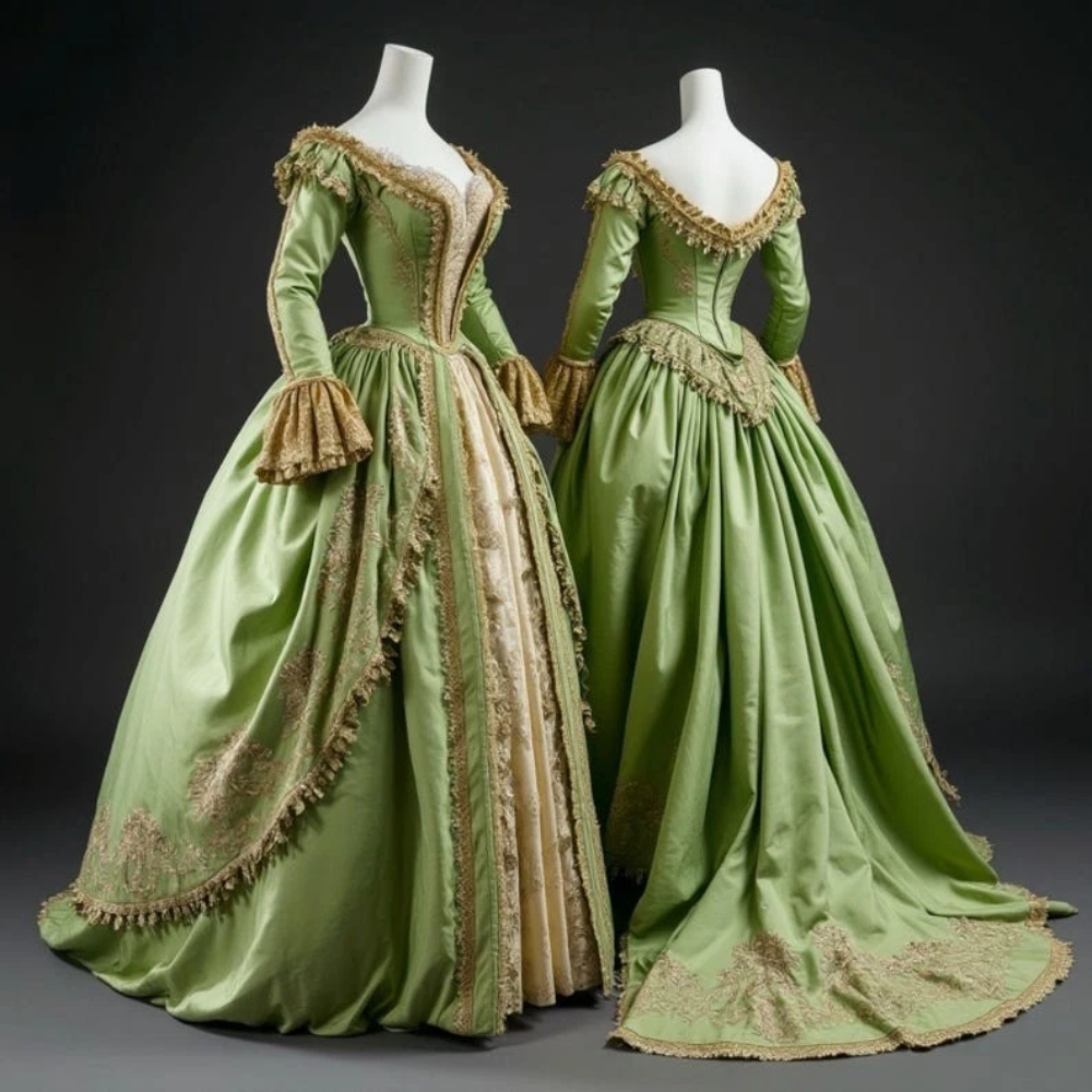 Green And Gold Vintage Victorian Prom Dresses Long Sleeves Baroque Qunee Masquerade Gowns Lace Appliques Retro Special Occasion Costume