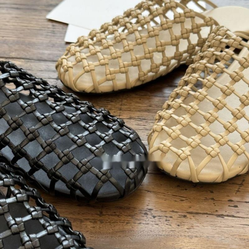 Woman Sandals Mules Sheepskin Hand-woven Mesh Breathable Hollow Fishing Net Flat-bottomed Half-slippers For Women For Summer Outdoor Round Toe Solid C