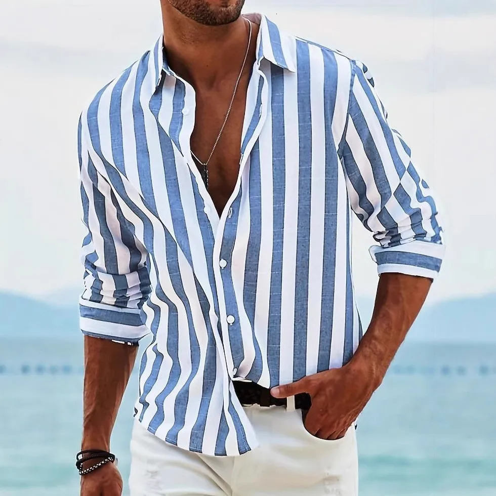 Spring and Autumn Mens Color Woven Striped Casual Loose Long Sleeved Shirt Mens Shirt Tops 100% Polyester Microprojectile 250813