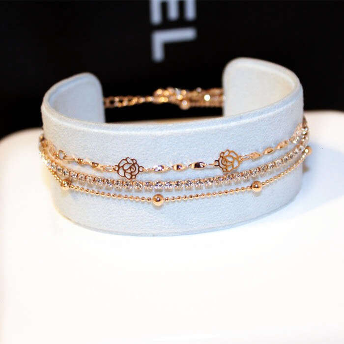 Fashion Korean Style Exquisite Three-Layer Inlaid Rhinestone Hollow Flower Bracelet Bangle Gold-Plated Color-Retaining Women S00096