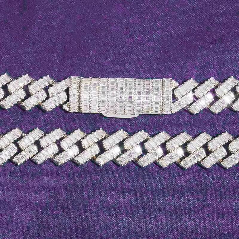 Hip Hop 925 Sterling Silver Mens Womens Iced Cuban Link Chain VVS Moissanite Baguette Passd Diamond Tester Moissanite Necklace