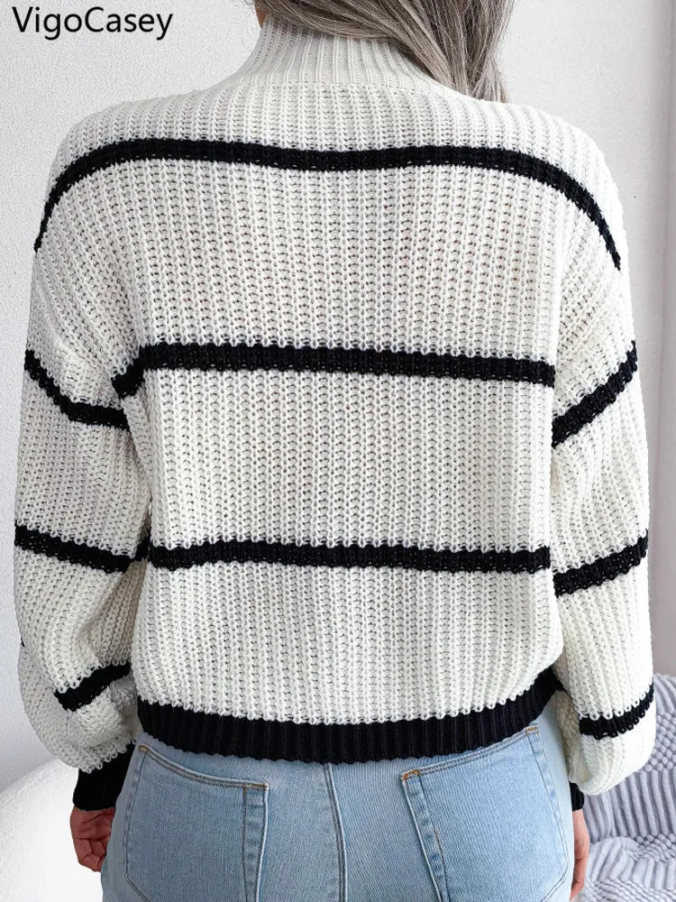 VigoCasey 2025 Winter High Collar Stripe Knitted Sweater Women Casual Loose Pullover Autumn Lady Lantern Long Sleeve Warm Jumper 250808