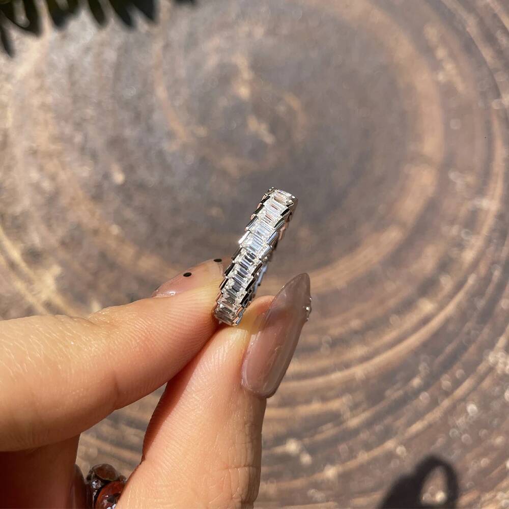 BXINY 2*3mm Emerald Cut All Moissanite Ring 925 Sterling Silver for Women D Color Diamond Eternity Wedding Band Fine Jewelry GRA