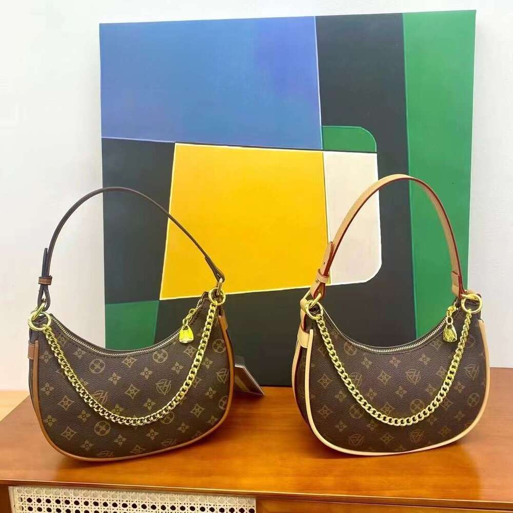 DHessentials Fashion Moon Bag - Stylish Printed Tote with Chain Strap, Retro Korean Shoulder Bag for Women (Brown/Beige)