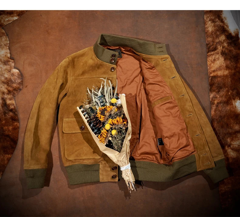 American Retro A1 Flight Suit Suede Leather Deerskin Leather Jacket Mens Short Jacket Slim Fit Amei Kaji 250808