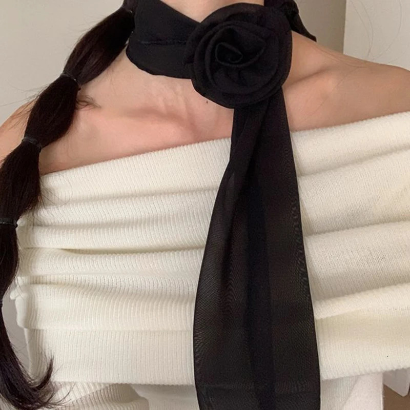 Women French Long Rose Flower Silk Scarf Flutter Shirt Y2K Fashion Temperament Accessories Summer Sunscreen Sunshade Scarfs 250813