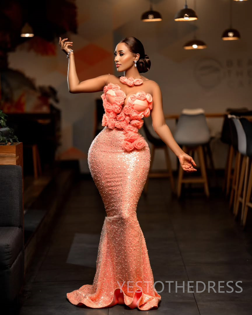 2025 Mermaid Watermelon Prom Dresses For Black Women Aso Ebi Illusion Sheer Neck Sequined Appliqued Lace Flora Beaded Birthday Dress Second Reception 