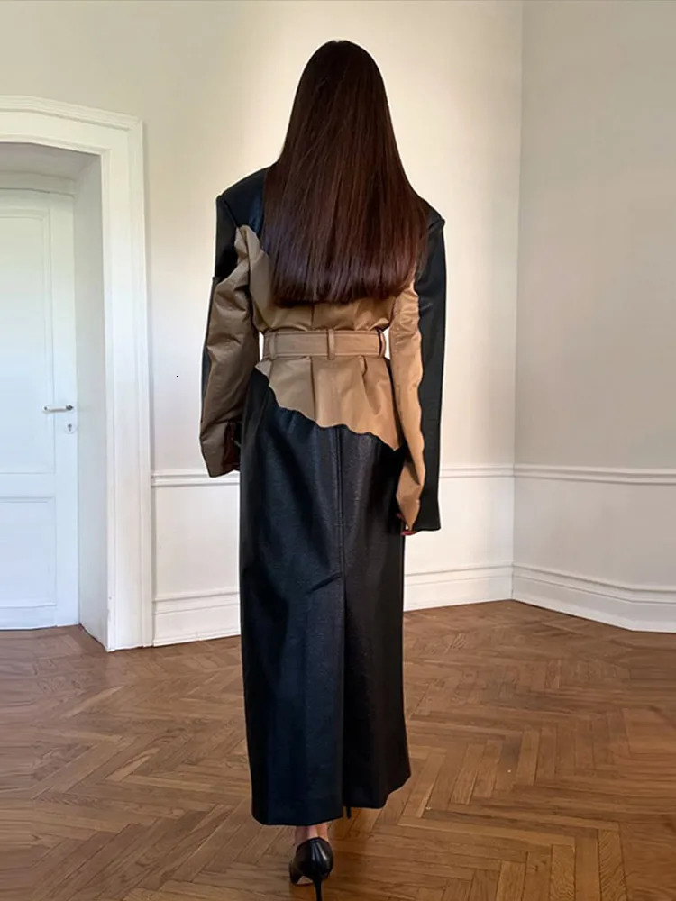 Patchwork Leather Long Coats Women Vintage Lace Up Lapel Single Breasted Female Coat Elegant Spring Autumn Lady Outwear 250809